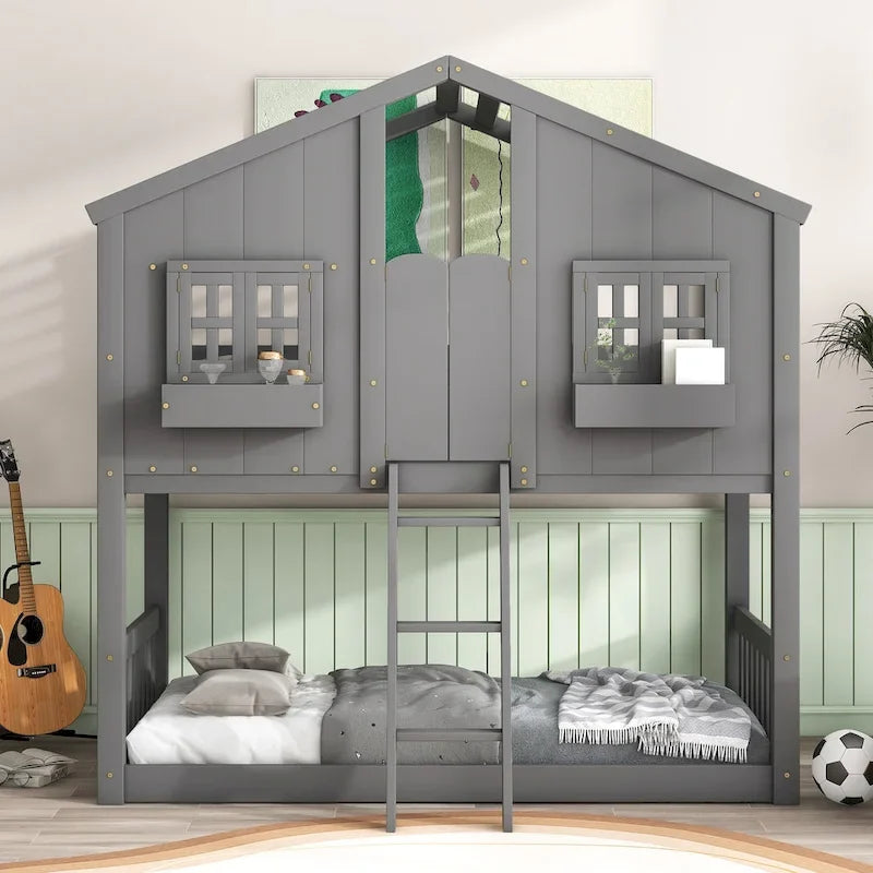 Twin over Twin House Bunk Bed with Roof , Window, Window Box, Door , with Safety Guardrails and Ladder, Grey - image 2