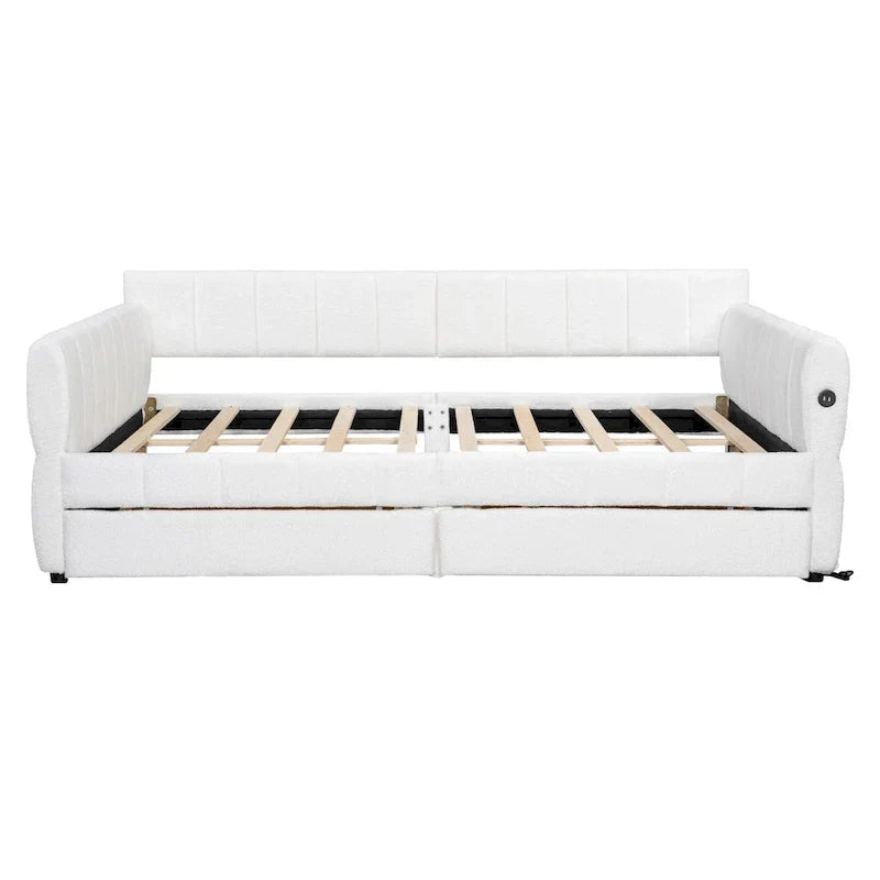 Upholstered Queen Size Daybed Sofa Bed with USB Ports and 2 Drawers - Vertical Stripes Recliner Loveseat Chaise Lounge - image 10