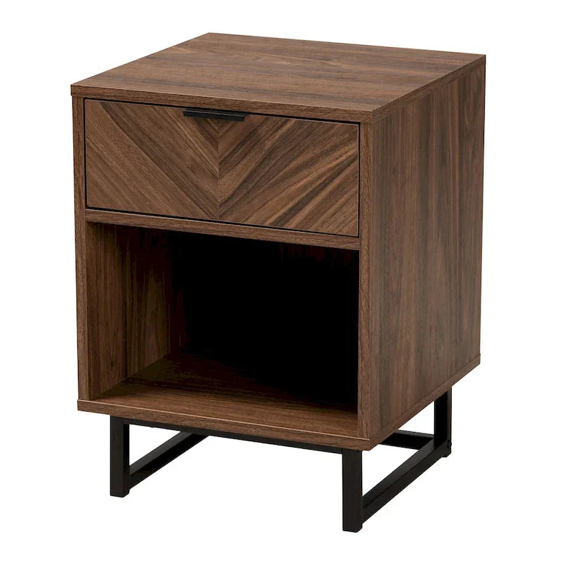 Sadia Contemporary Walnut Brown Wood and Black Metal 1-Drawer Side Table - image 3