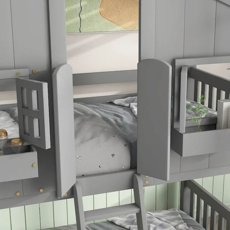 Twin over Twin House Bunk Bed with Roof , Window, Window Box, Door , with Safety Guardrails and Ladder, Grey - image 5