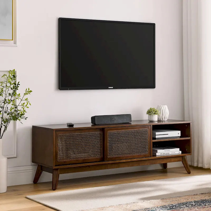 Mid Century TV Stand with Rattan Sliding Doors and Open Shelves - image 4