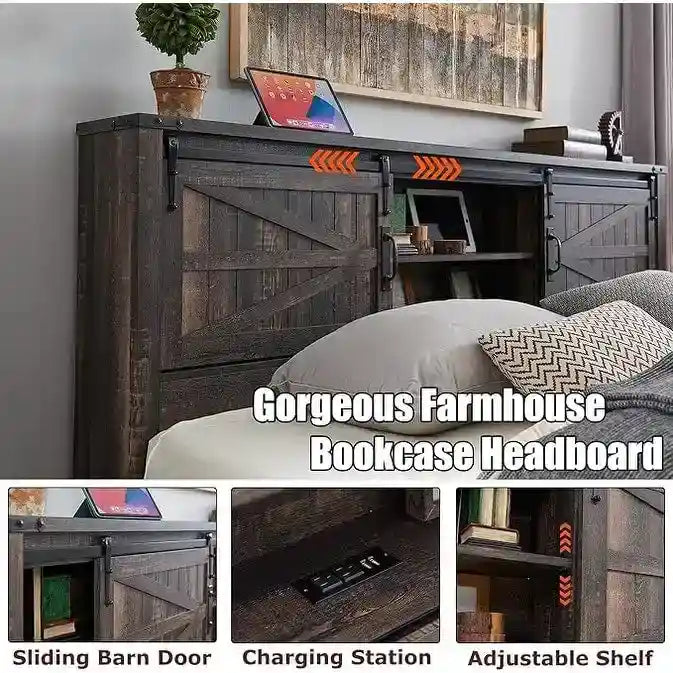 Farmhouse Full Bed Frame with Storage Shelves and Built-in Charging Station - image 21
