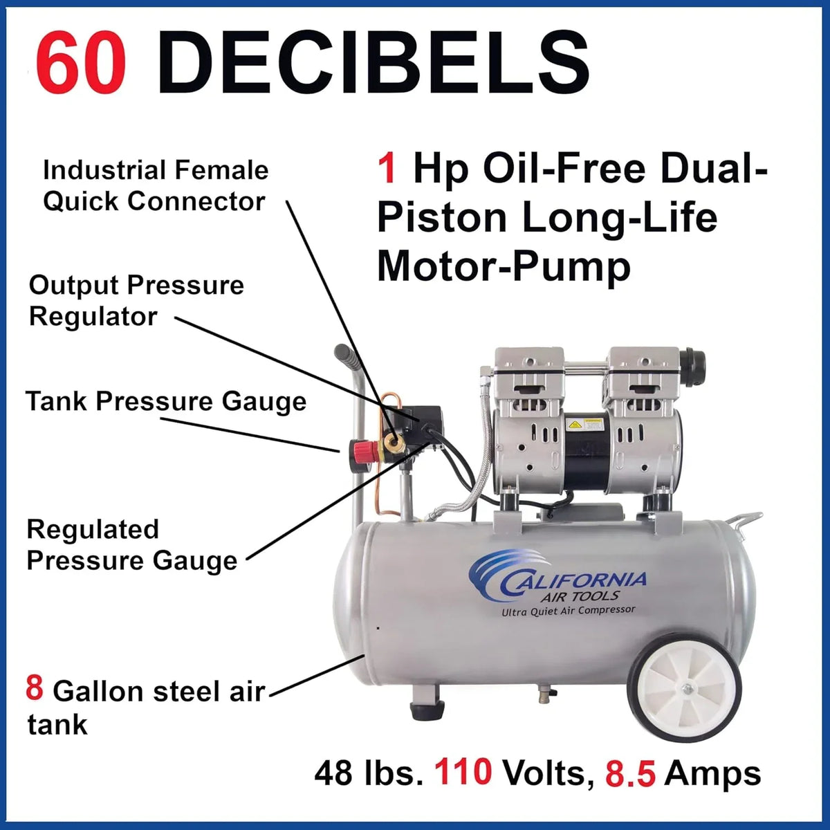 Air Tools 8010 Ultra Quiet Oil-Free Air Compressor, 1.0 HP, 8 Gallon, 120 PSI, 60 dB Noise Level - image 4