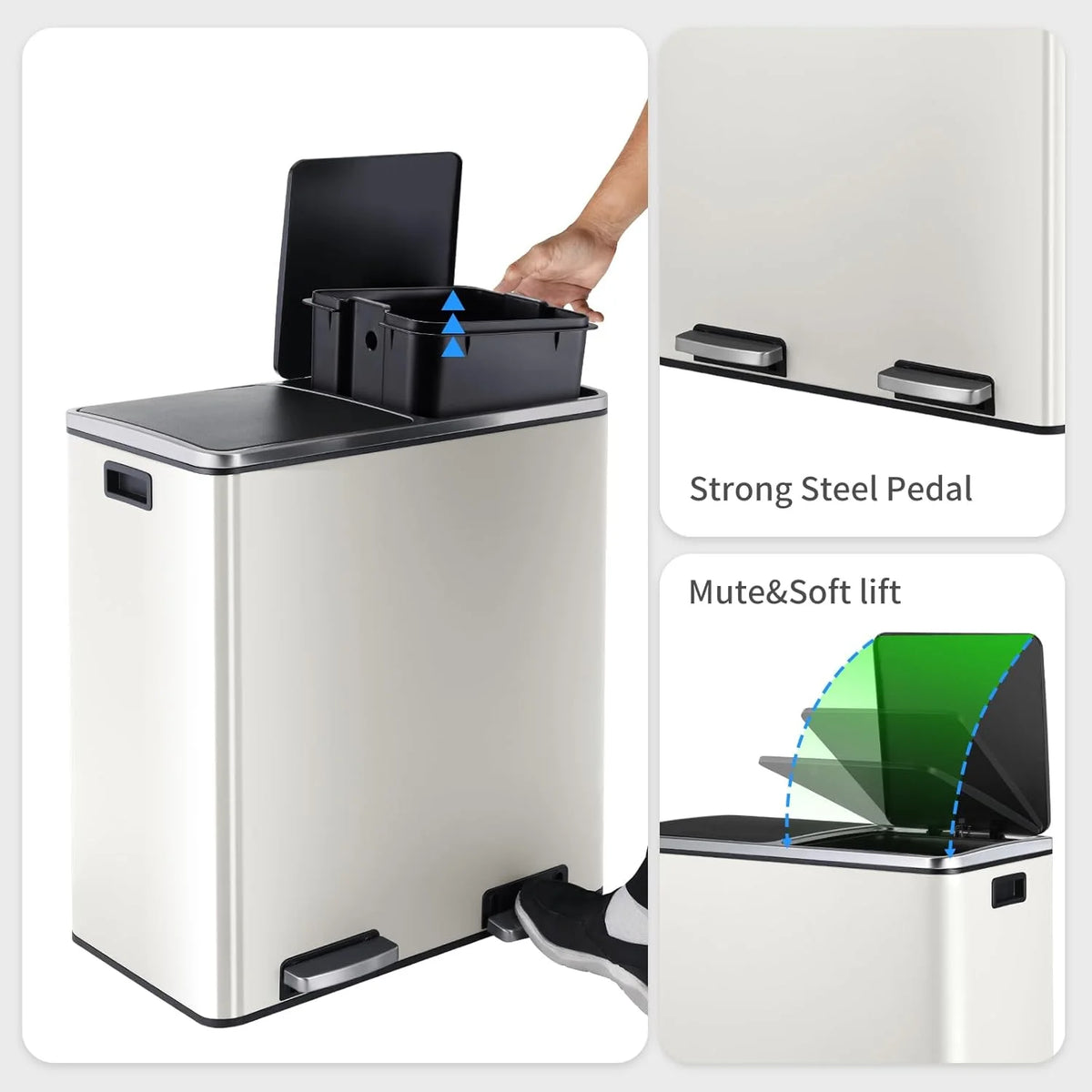 Arlopu 60 L/16 gal Dual Trash Can, Stainless Steel Garbage Can for Kitchen, Recycle Bin with Lid - image 16