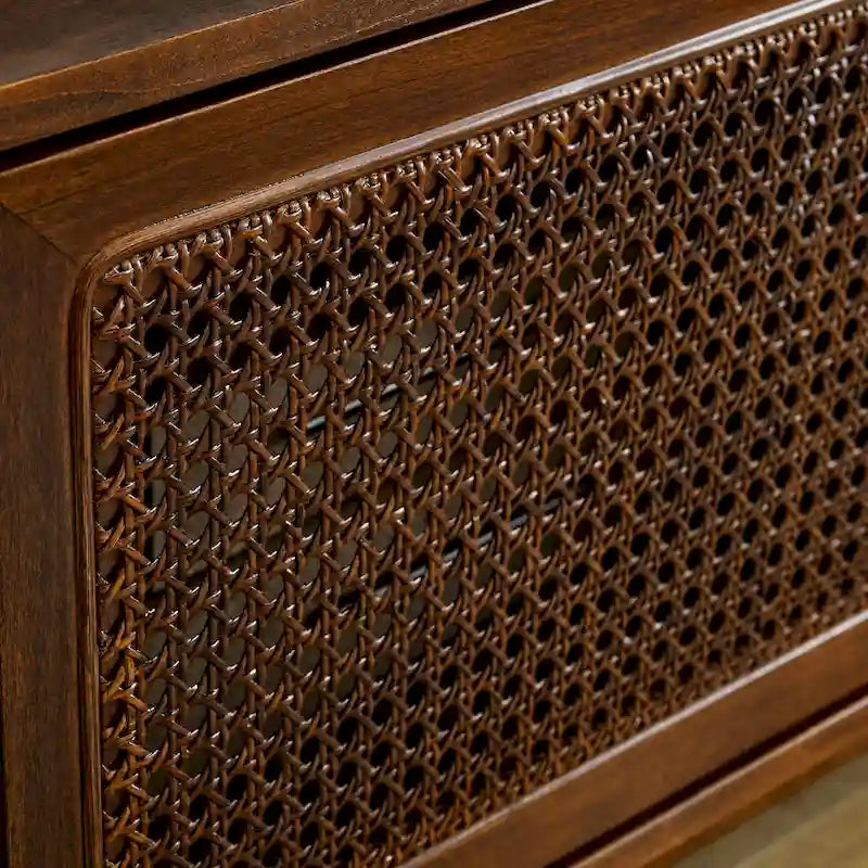Mid Century TV Stand with Rattan Sliding Doors and Open Shelves - image 8