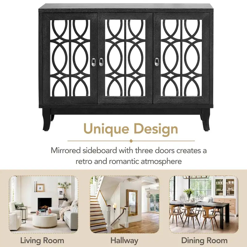 Mirrored Buffet Cabinet with Glass Doors and Silver Handles - 3-Door Sideboard for Living Room, Hallway, and Dining Room - image 25