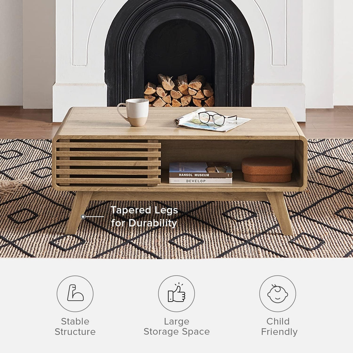 Mopio Ensley Mid Century Modern Rectangle Coffee Table with Dual Storage Shelf, Wood Slat Sliding Door, & Rounded Edge Protection for Living Room, Walnut Grain - image 19