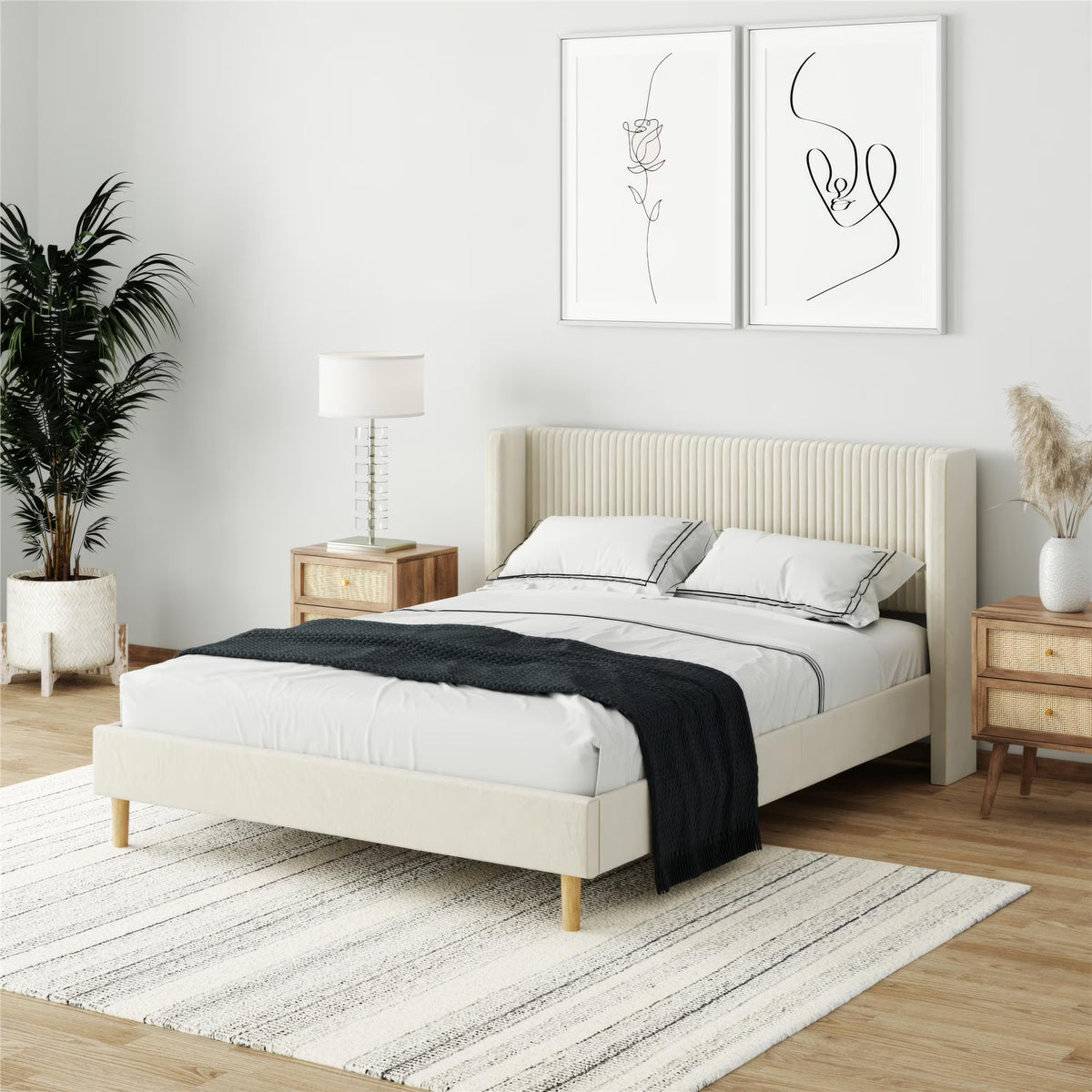 Mainstays Kelsey Upholstered Platform Bed Frame with Tufted Wingback Headboard, No Box Spring Required, Queen, Cream Velvet - image 1