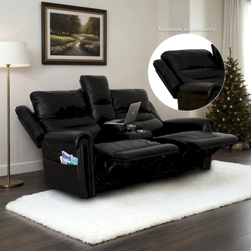 Authentic Leather Black Power Recliner Sofa Set: Loveseat and Recliner with Adjustable Headrest and Extendable Footrest - image 4
