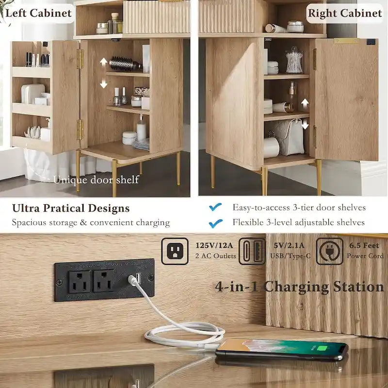 Contemporary Fluted Makeup Vanity Table with 3-Way Mirror and Integrated Lighting - image 1