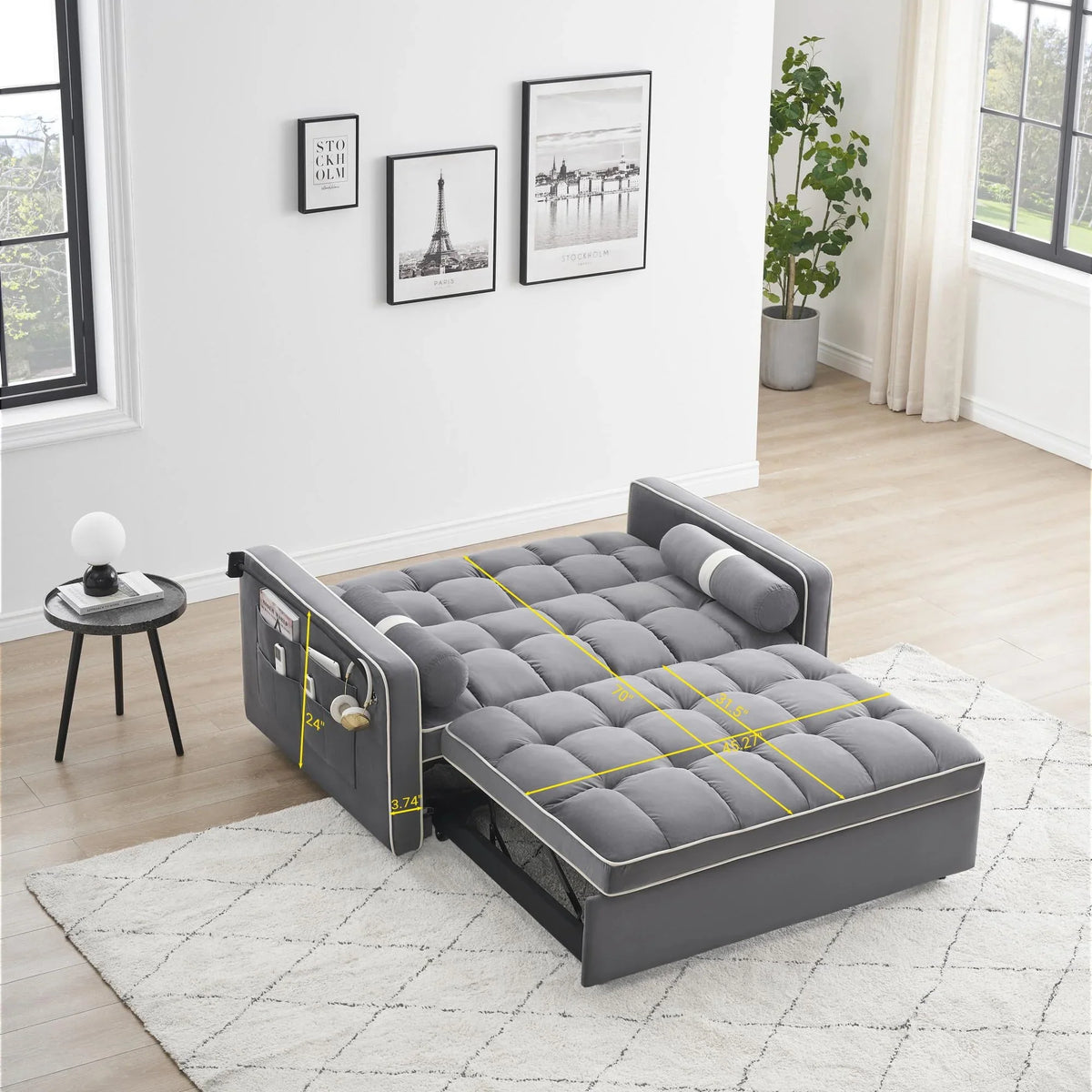 3 in 1 Sleeper Sofa Couch Bed,Small Tufted Velvet Convertible Loveseat Futon Sofa w/Pullout Bed,Adjustable Backrest,Cylinder Pillows,Multi-Pockets,Phone Holder for Living Room Apartment,Grey,55.5" - image 2