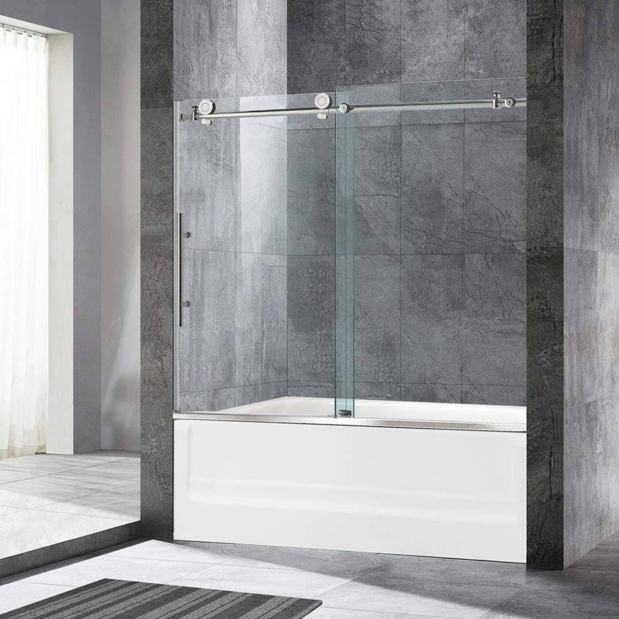 Woodbridge Frameless Sliding Bathtub Door. 56 inch-60 inch Width. 62 inch Height. 3/8 inch (10 mm) Clear Tempered Glass. Chrome Finish. Designed for-Instock - image 1