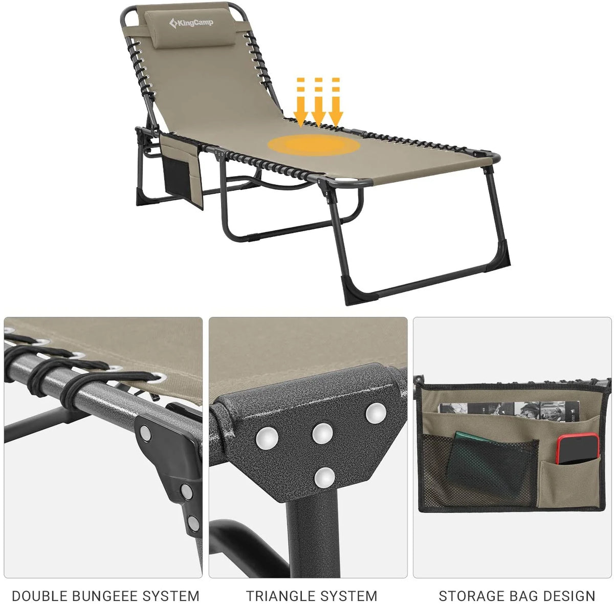 Adjustable 4-Position Folding Chaise Lounge Chair with Pillow Pocket, Supports 265lbs - image 6