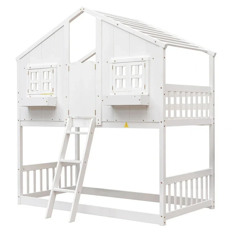 Twin over Twin House Bunk Bed with Roof , Window, Window Box, Door , with Safety Guardrails and Ladder, Grey - image 11