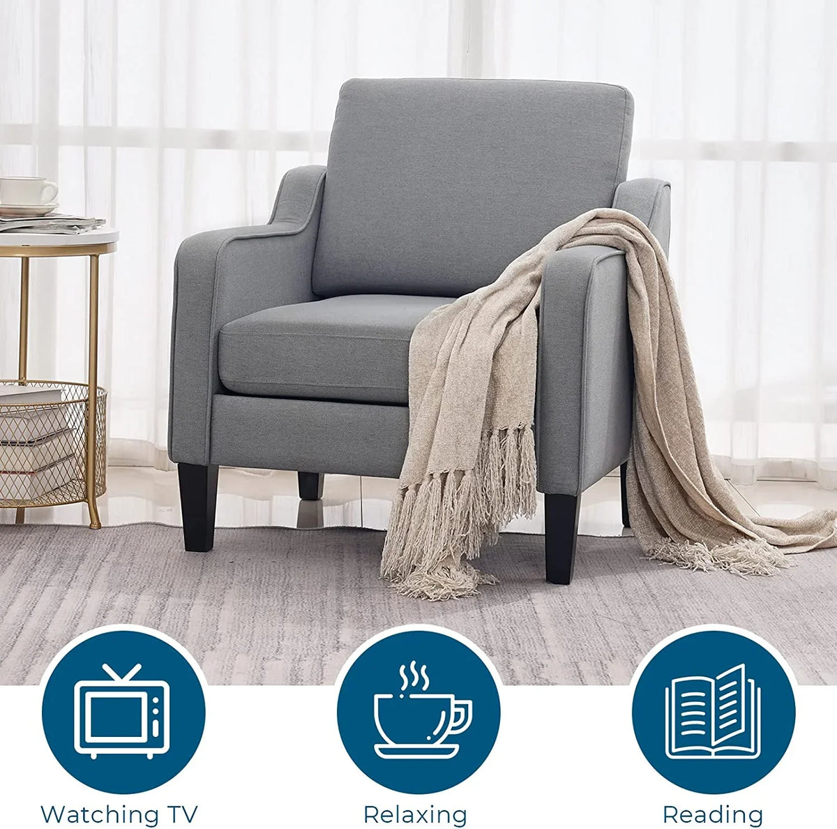 VINGLI Mid-Century Accent Chairs, Upholstered Linen Armchairs for Living Room/Bedroom, Beige (Set of 2) - image 20