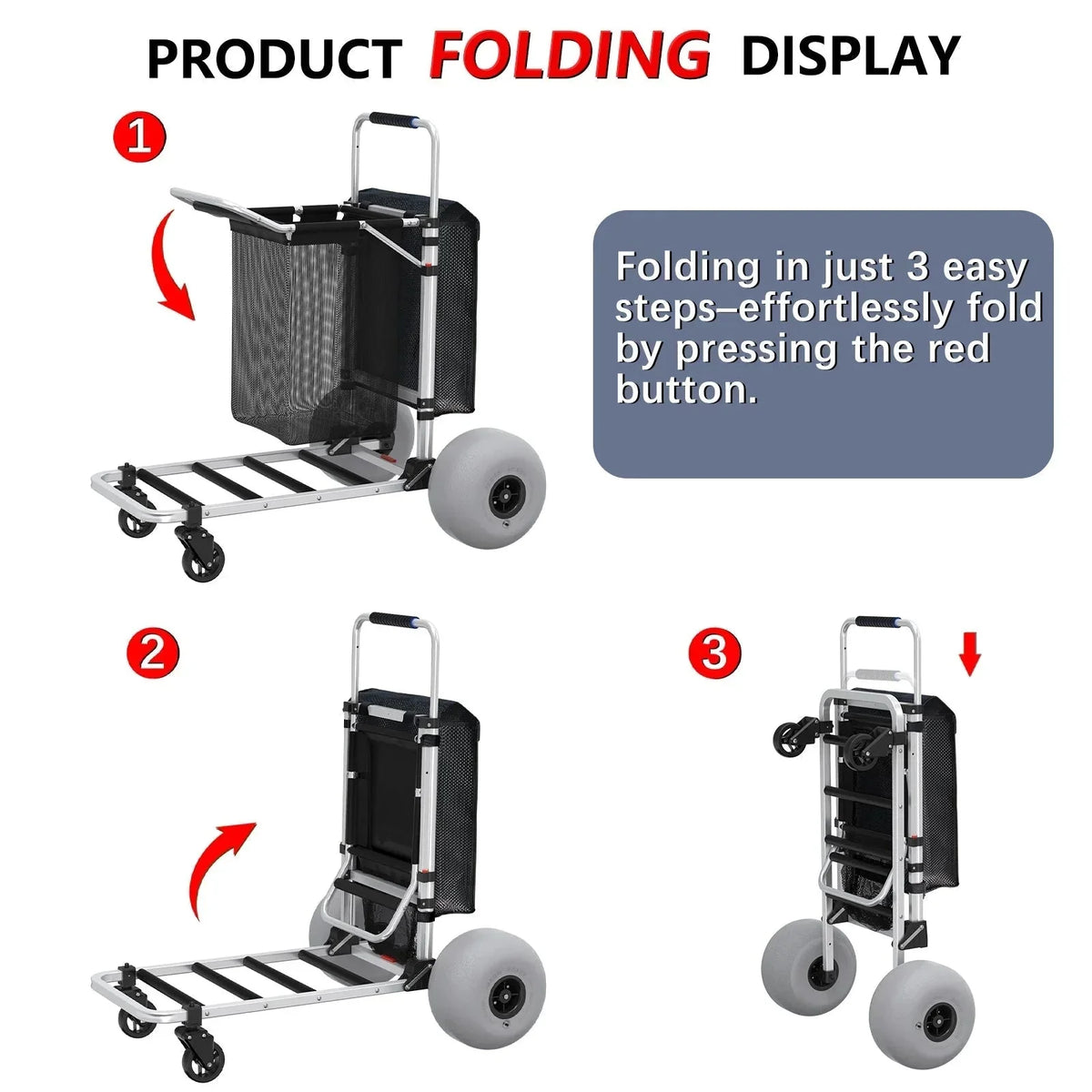 GDLF Foldable Beach Cart with Adjustable Handle and 12" Balloon Wheels, Heavy Duty Aluminum 220LBS Capacity - image 3