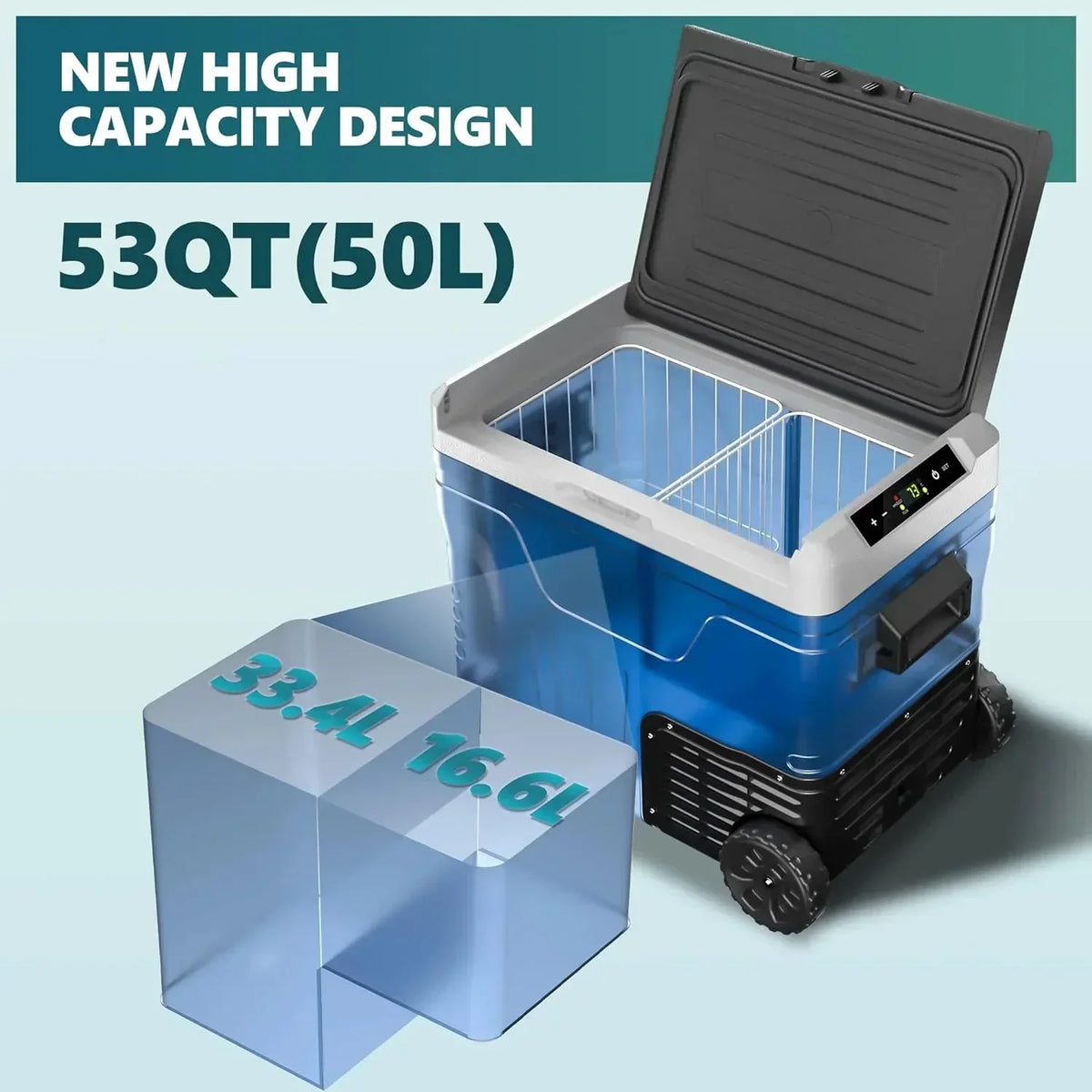 53QT Portable 12V Refrigerator Freezer, Dual Zone Electric Cooler with Wheels, 12V/24V DC & 110-240V AC for Travel, Truck, Boat, Camping - image 13