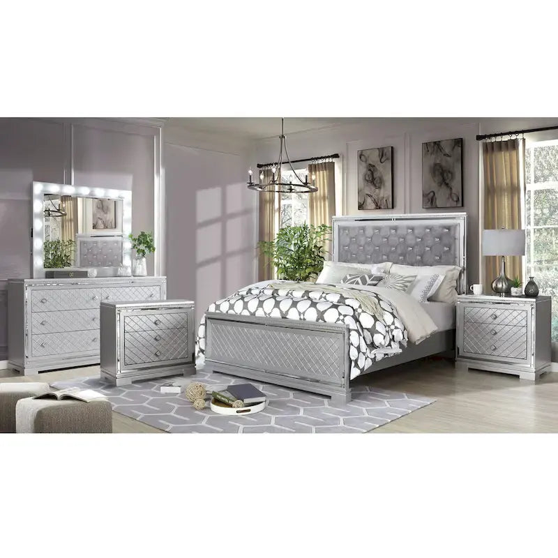 Seleena Glam Silver Wood 5-Piece Tufted Panel Bedroom Set with USB Port by Furniture of America - image 1