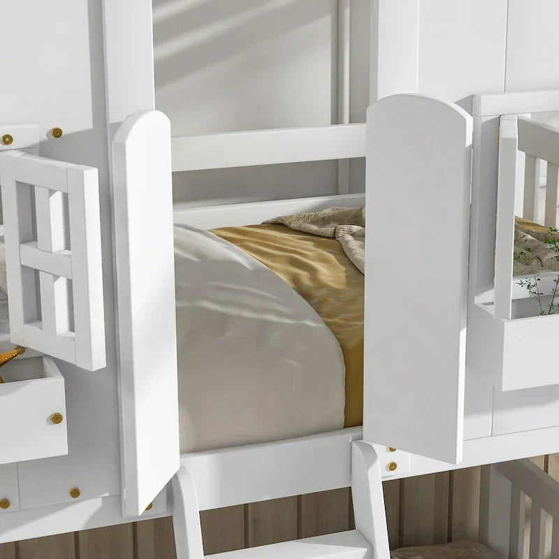 Twin over Twin House Bunk Bed with Roof , Window, Window Box, Door , with Safety Guardrails and Ladder, Grey - image 10