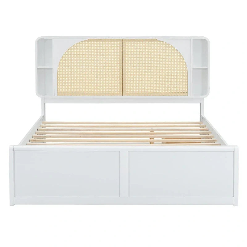 White Queen Size Rattan Bed with Trundle and Dual Storage Drawers - image 4