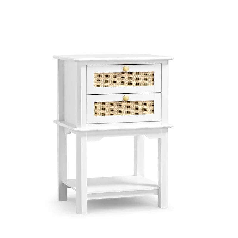 Contemporary 27.95" Tall White 2-Drawer Nightstand with Wood and Rattan, Featuring a Storage Shelf for Bedroom - image 6