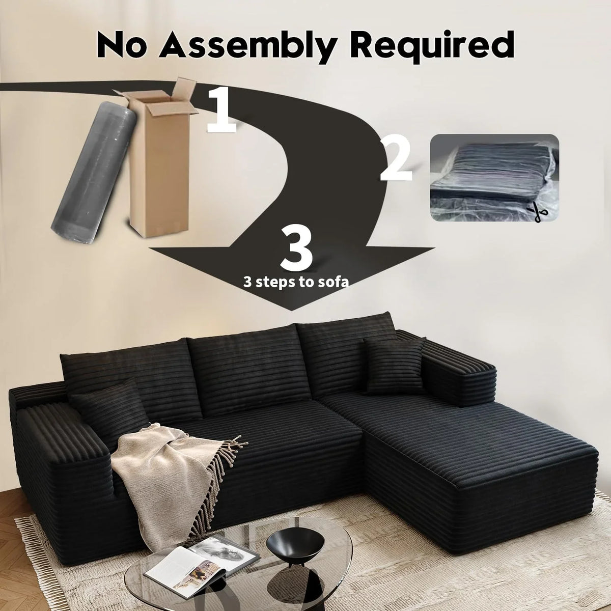 107.5" Cloud Modular Sectional Sofa Couch with L-Shape Chaise,Modern Minimalist Upholstered Couches for Living Room Bedroom,Deep Seat Corner Couch .No Assembly Required (Black,Left Facing Chaise) - image 59