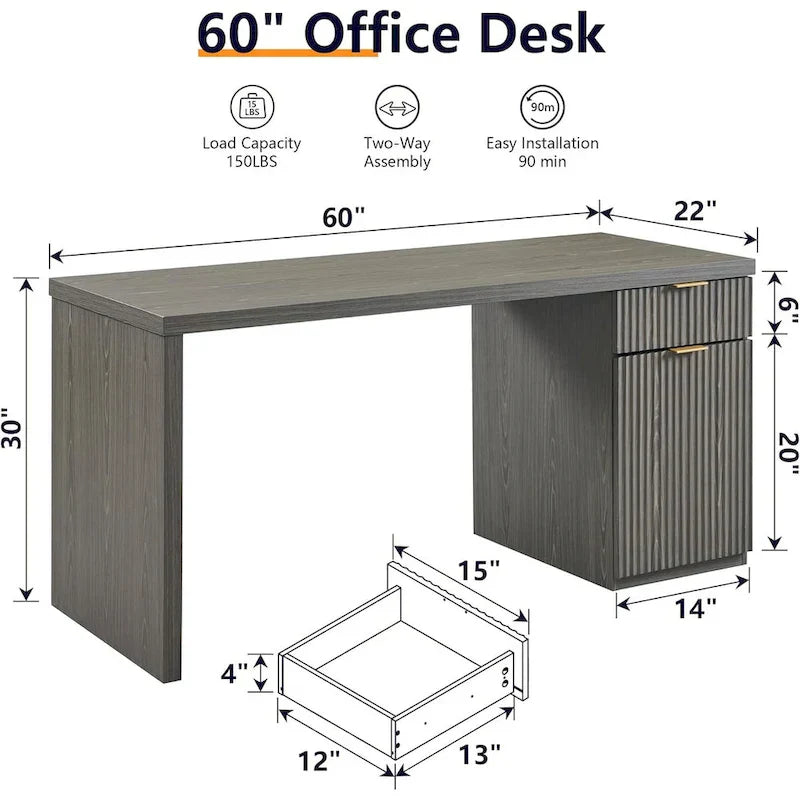 60-Inch Contemporary Executive Desk - Wooden Home Office & Fluted Computer Desk - image 17