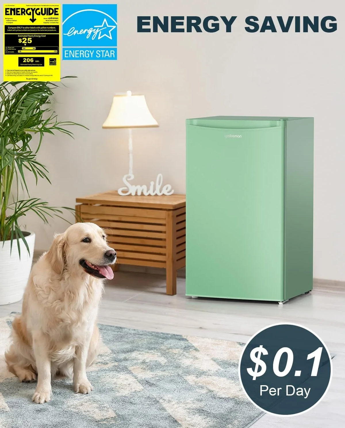 Upstreman 3.2 Cu.Ft Mini Fridge with Freezer, Single Door Mini Fridge, Dorm Fridge, Adjustable Thermostat, Mini Refrigerator for Bedroom, Office, Dorm, Green-BR321 - image 2
