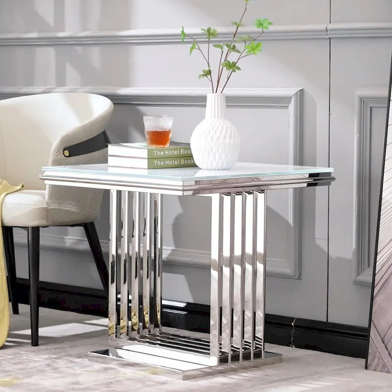 Elegant 24-Inch Square Silver and Glass End Table with Stainless Steel Base - image 1
