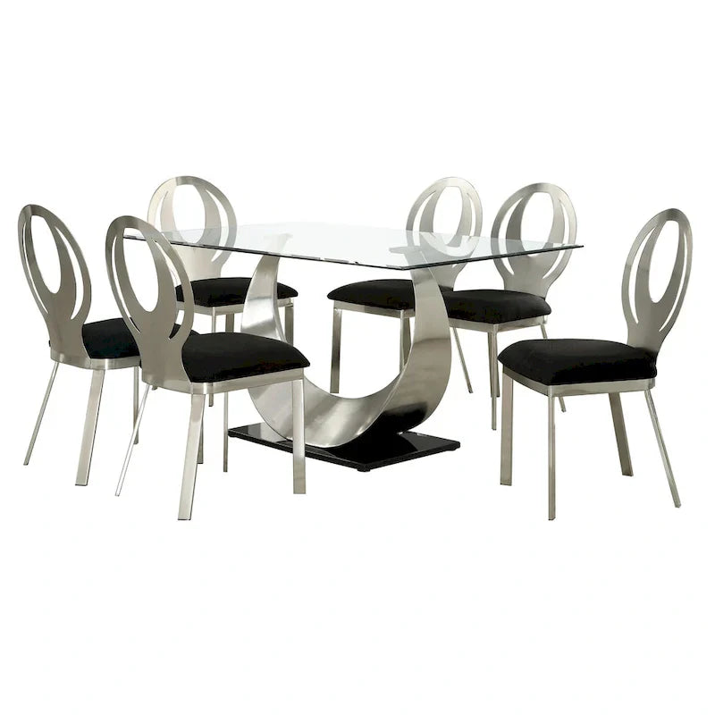 Glass Dining Table Set with 6 Upholstered Chairs and Metal Base - image 10