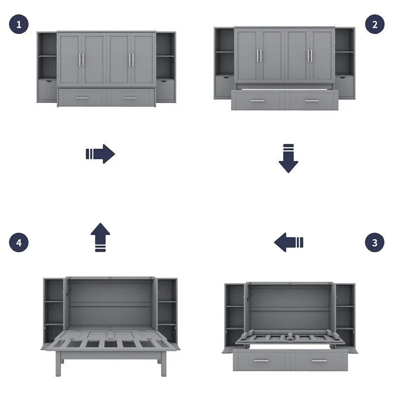 Spacious Wooden Murphy Bed with Shelving, Storage Drawers, and USB Charging Ports - image 2