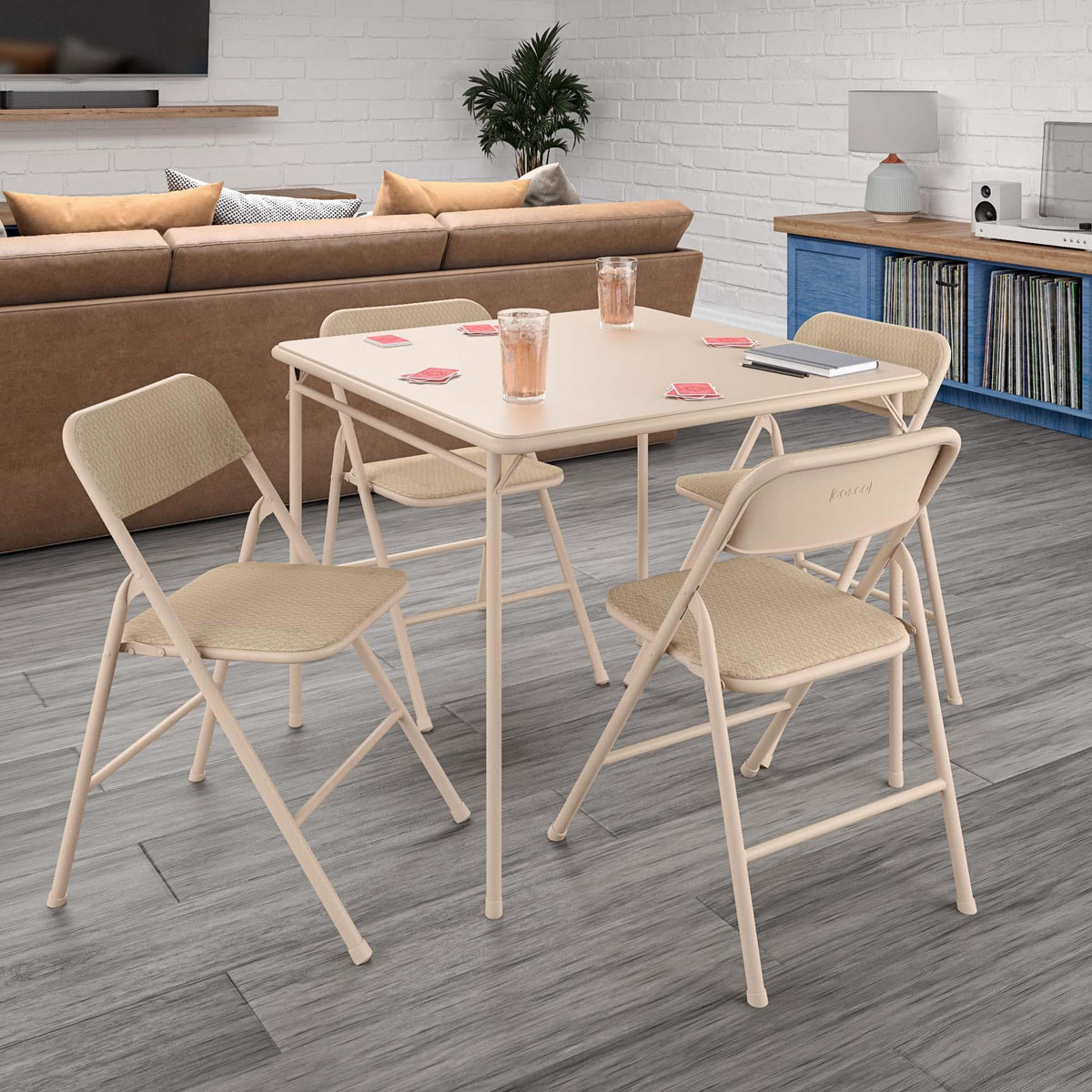 COSCO 5 - Piece Folding Dining Set with Card Table and 4 Fabric Padded Chairs, Tan - image 2