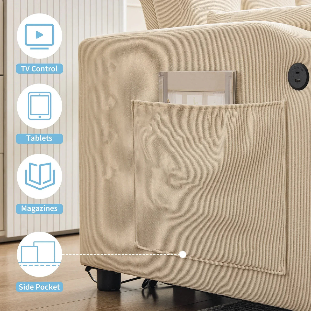 3 in 1 Convertible Sleeper Sofa Bed, Corduroy Futon Couches with Pull-Out Bed, Adjustable Backrest, Charging Port & Side Pockets, Modern Upholstered Sofa for Living Room, Guest Room - image 18