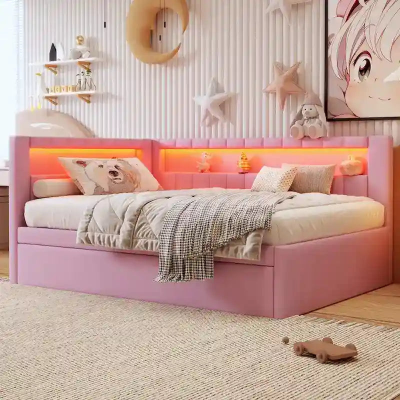 Upholstered Platform Bed with USB Ports & LED Lighting - Full/Twin Size Bed Frame with 2 Storage Drawers - Modern Bedroom - image 13