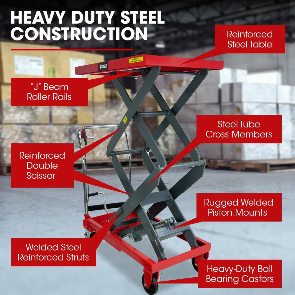 T-REX 300KG Hydraulic High Lift Double Scissor Trolley, 1.3M Max Platform Hgt, Heavy-Duty, for Material Handling - image 6