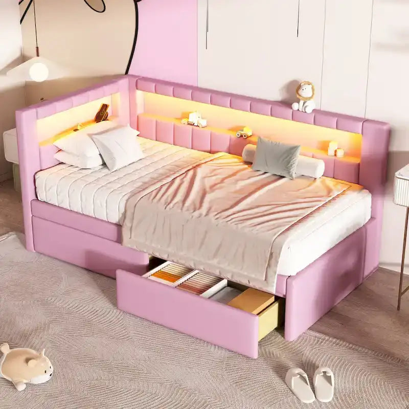 Upholstered Platform Bed with USB Ports & LED Lighting - Full/Twin Size Bed Frame with 2 Storage Drawers - Modern Bedroom - image 18