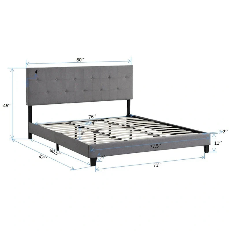 King Size Upholstered Platform Bed with Button-Tufted Linen Headboard - image 9
