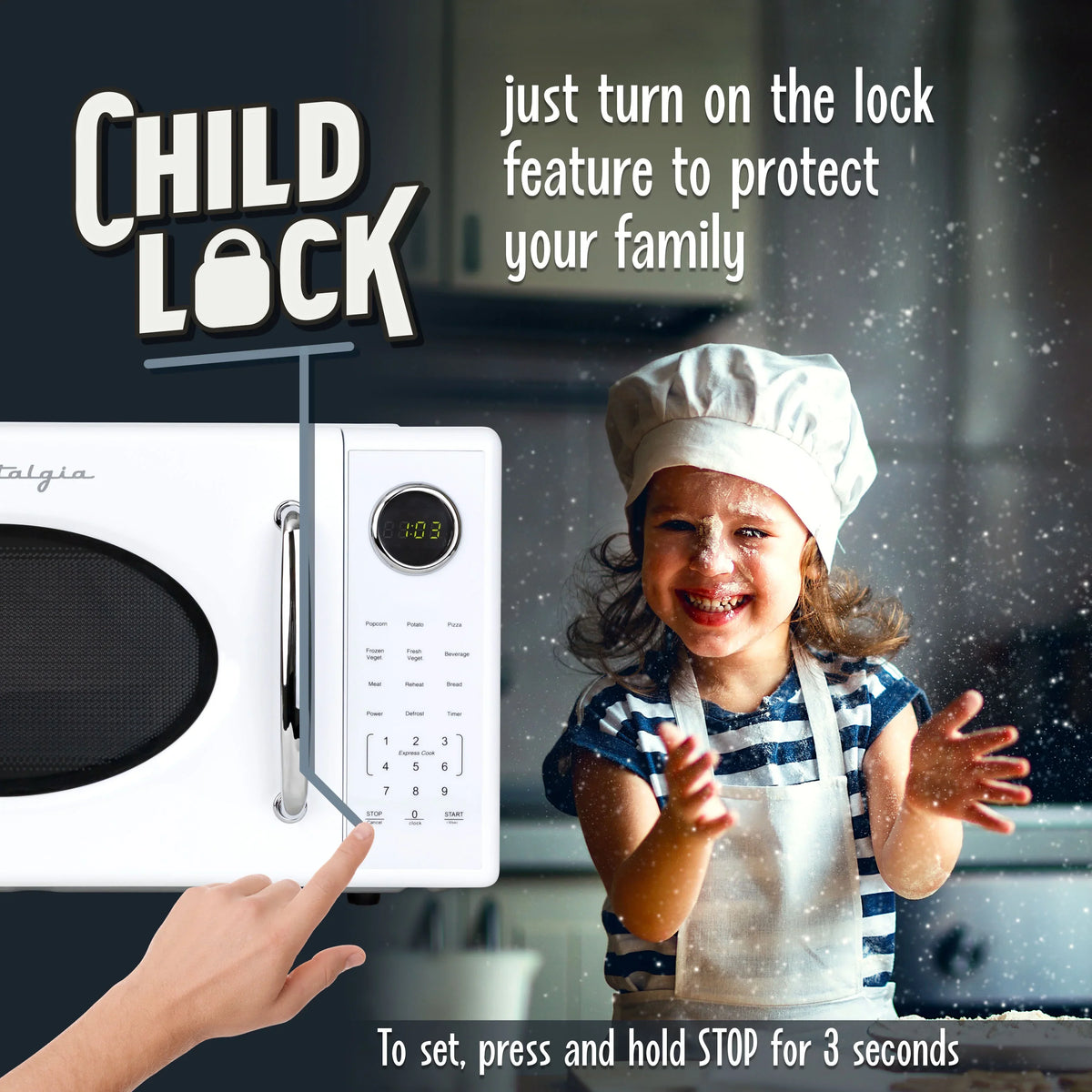 Nostalgia Retro Microwave Oven - 1.1 Cu Ft & 1000-Watt Countertop Size with Glass Turntable, Child Safety Lock, 8 Auto-Cook Programs & Digital Clock - Black - image 23