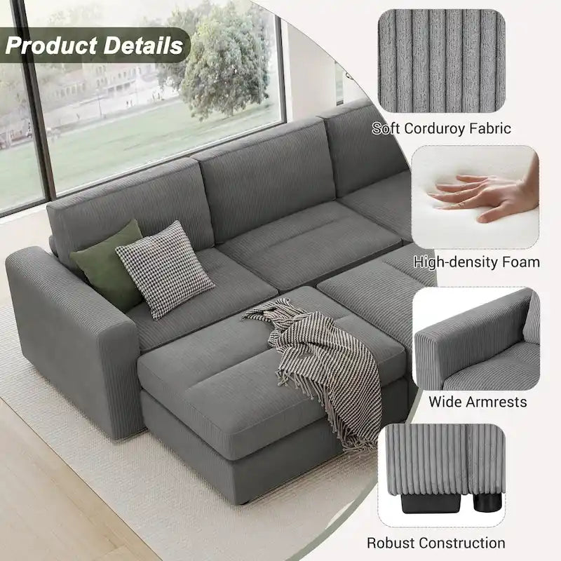 Corduroy Modular Sectional Sofa Bed with Recliner and 2 Movable Ottomans – Perfect for Living Rooms - image 9