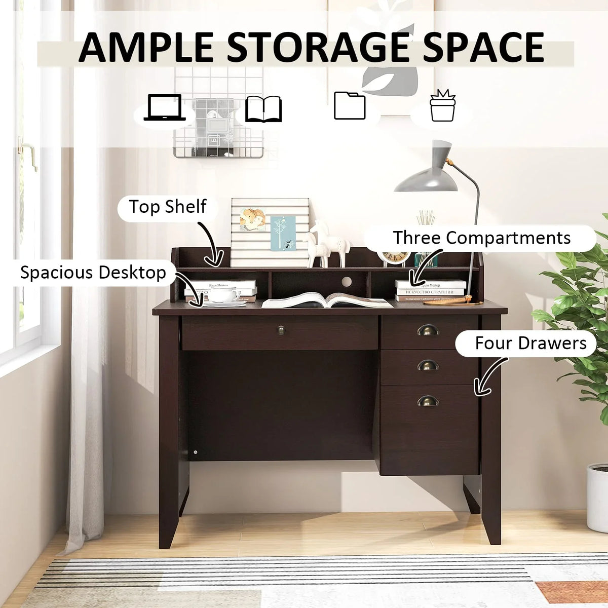Giantex Computer Desk with 4 Storage Drawers & Hutch - image 5