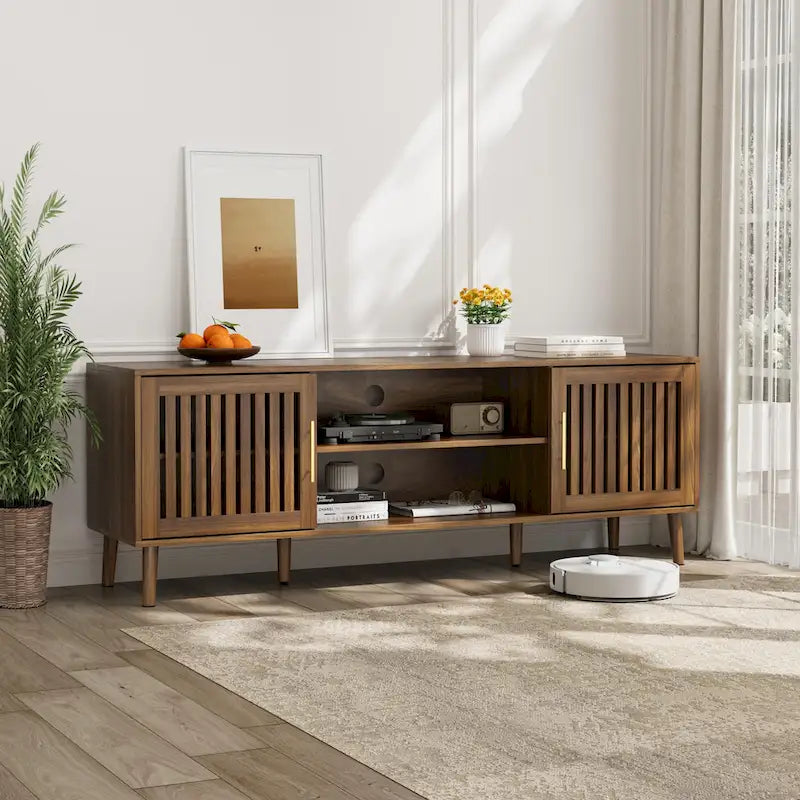 Farmhouse TV Stand with Slatted Doors and Storage Shelves - image 1