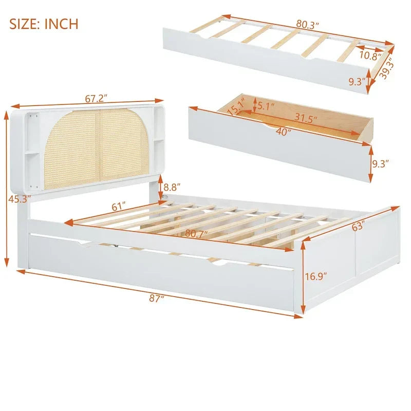 White Queen Size Rattan Bed with Trundle and Dual Storage Drawers - image 13