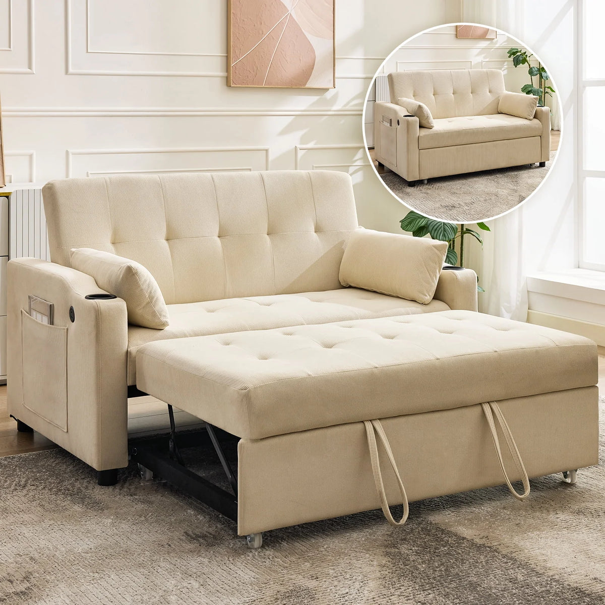 3 in 1 Convertible Sleeper Sofa Bed, Corduroy Futon Couches with Pull-Out Bed, Adjustable Backrest, Charging Port & Side Pockets, Modern Upholstered Sofa for Living Room, Guest Room - image 21