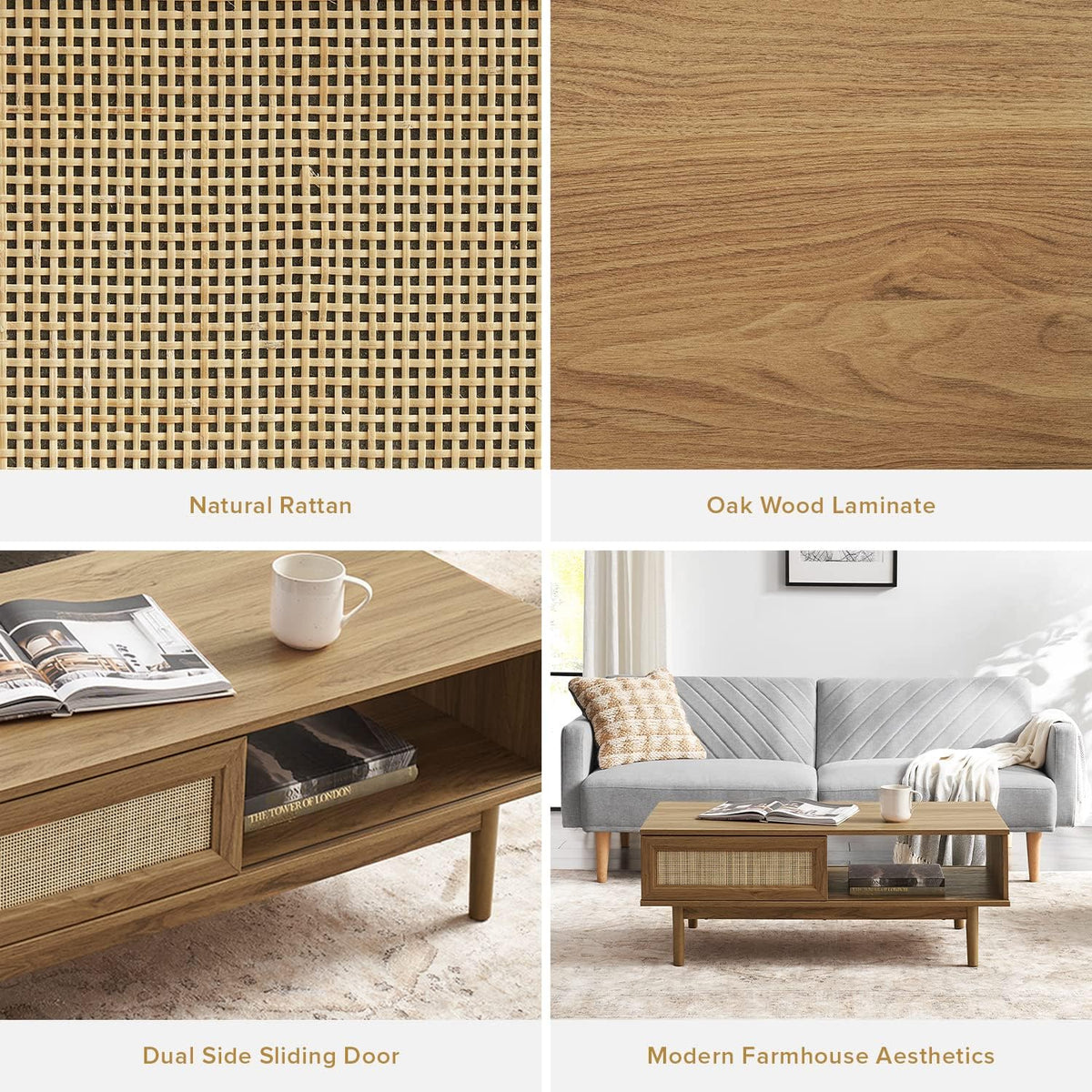 Mopio Ensley Mid Century Modern Rectangle Coffee Table with Dual Storage Shelf, Wood Slat Sliding Door, & Rounded Edge Protection for Living Room, Walnut Grain - image 28