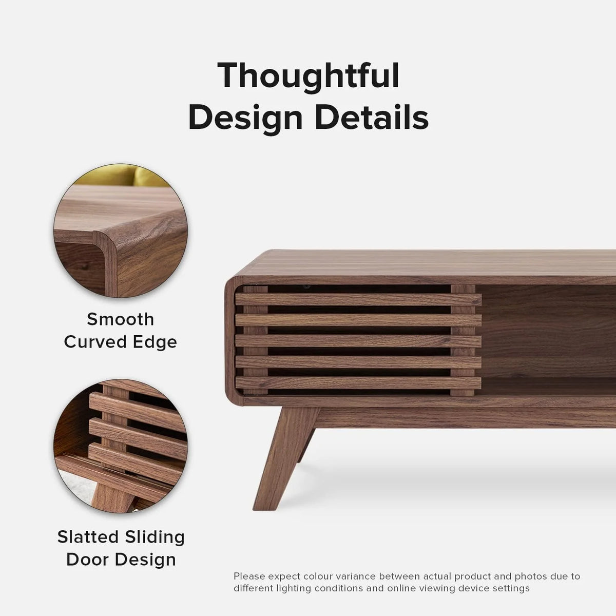 Mopio Ensley Mid Century Modern Rectangle Coffee Table with Dual Storage Shelf, Wood Slat Sliding Door, & Rounded Edge Protection for Living Room, Walnut Grain - image 9