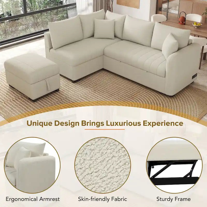 82.6" L-Shaped Sectional Sleeper Sofa Bed with Dual USB Ports, Power Outlets, and Removable Storage Ottoman - Bei - image 11