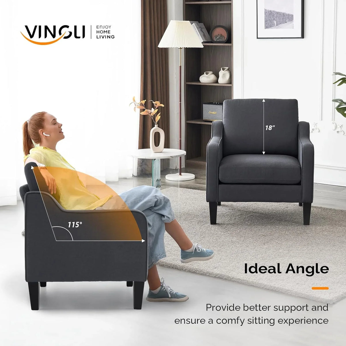 VINGLI Mid-Century Accent Chairs, Upholstered Linen Armchairs for Living Room/Bedroom, Beige (Set of 2) - image 14