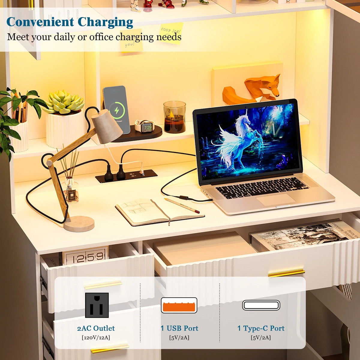 HNEBC LED Study Desk with Hutch and Drawer, Home Office Desk with Outlet, Computer Desk with Charging Station - image 5