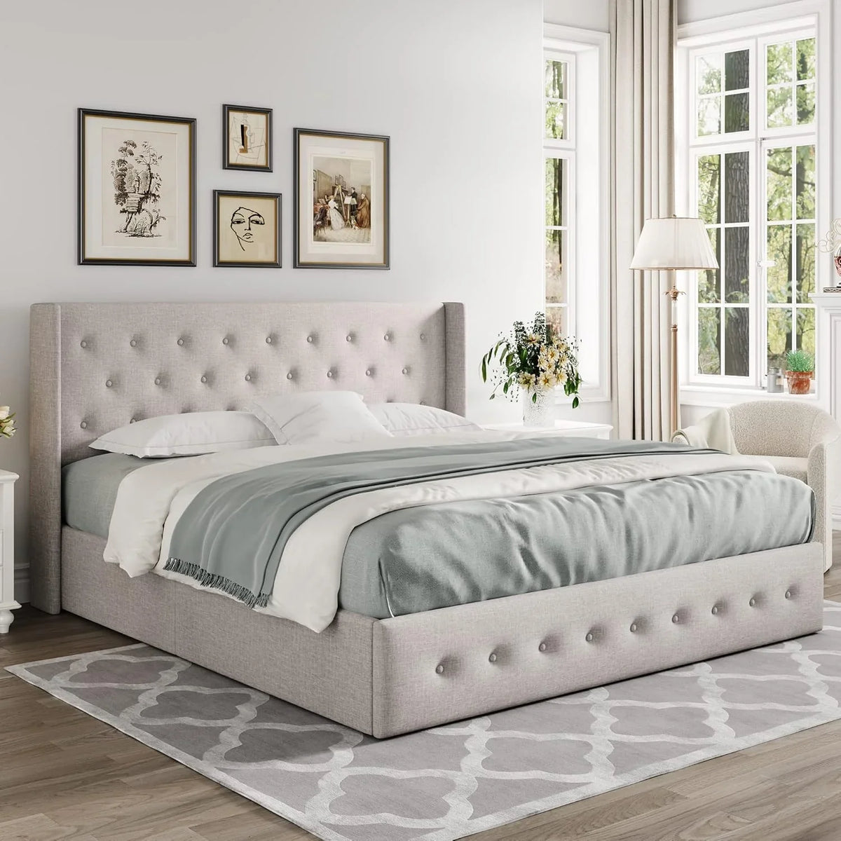 Queen Size Lift Up Storage Bed, Modern Wingback Headboard, Hydraulic Support, No Box Spring Needed, Light Beige - image 3