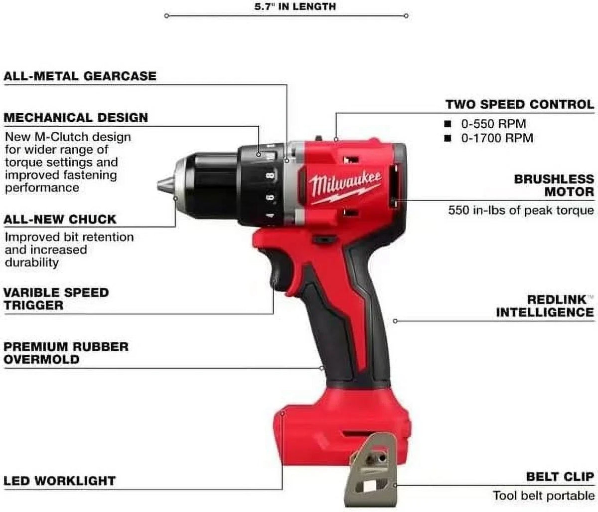 Milwaukee 3601-20 M118 18V Lithium-Ion Brushless Cordless 1/2 in. Compact Drill/Driver (Tool Only), Red C55 - image 3